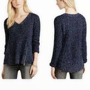 Anthropologie Zipped Stitched Pullover Navy large knit Oversized Sweater
